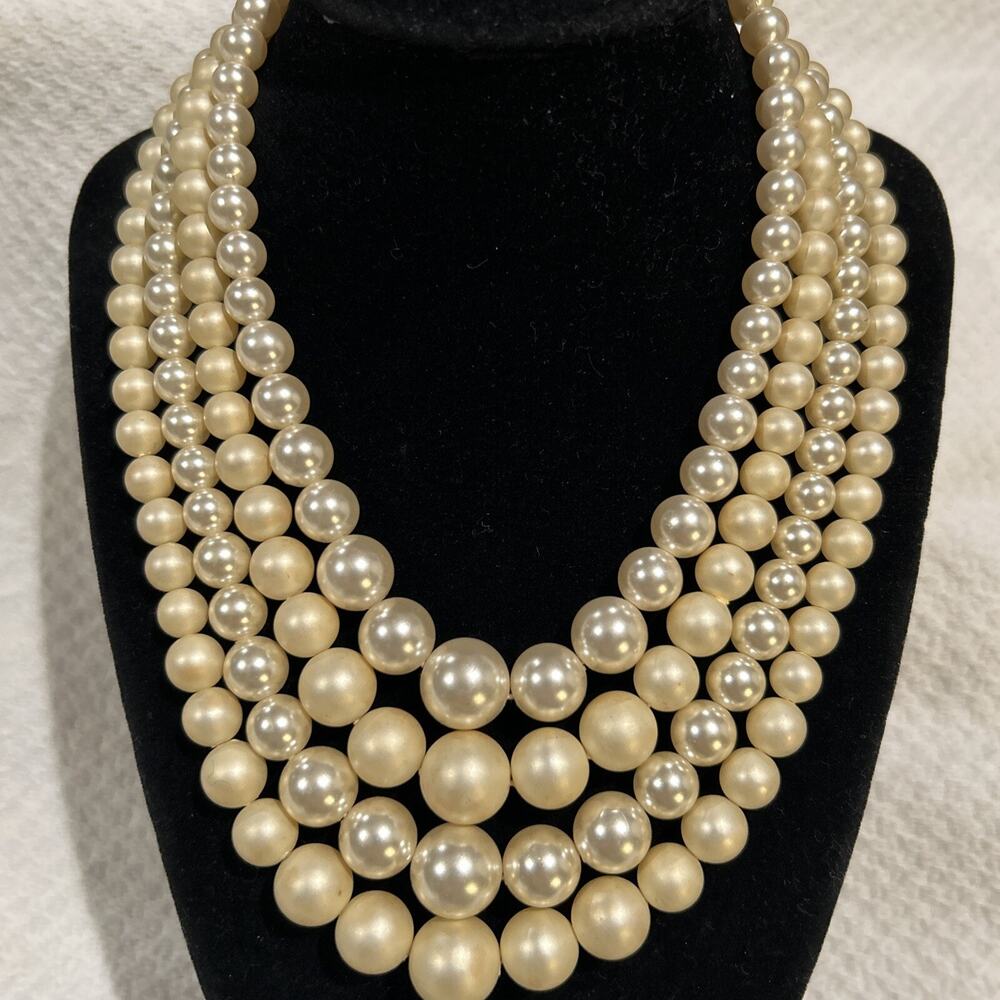 Vintage unmarked faux Ivory pearl 4 strand necklace mixed texture 14-15”